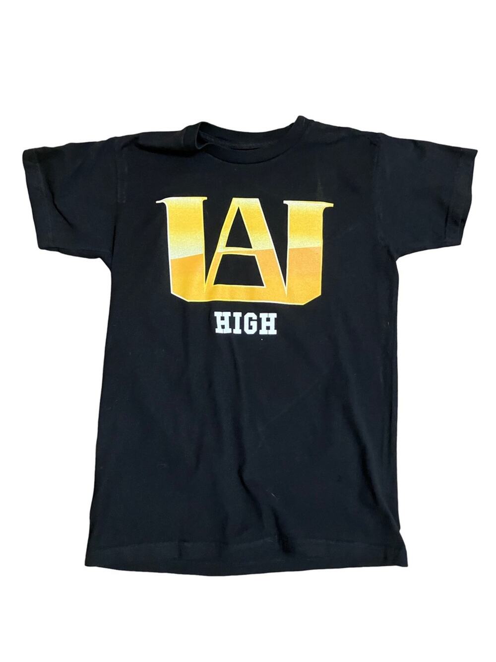 Hot Topic Black Tee with Gold 'UA' Logo and White "HIGH" Text Unisex size Small